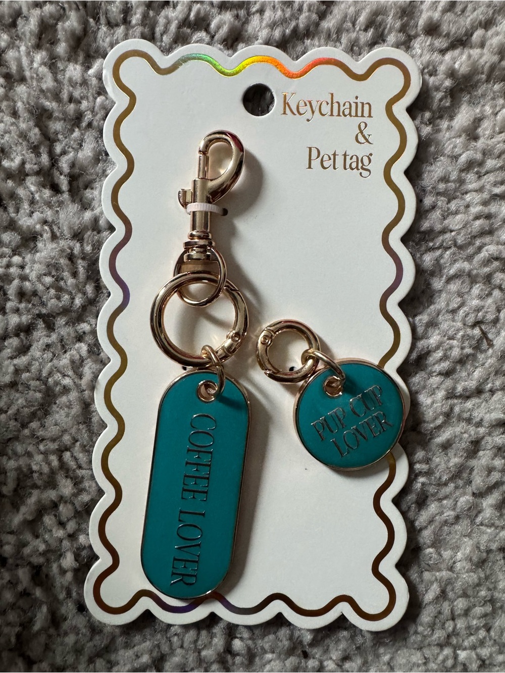 Keychain & Pet Tag Set - Teal & Gold Coffee Lover